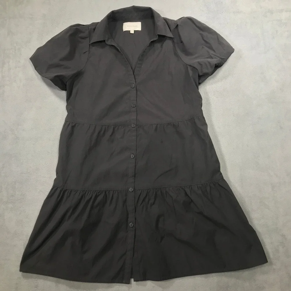 Brochu Walker Tiered Shirt Dress Charcoal Gray Short Puff Sleeve Size L